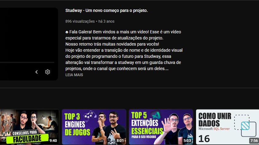 Página inicial do canal