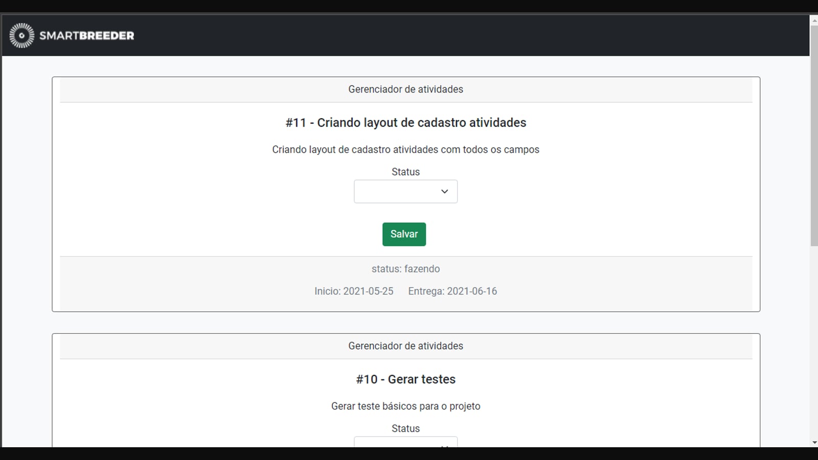 Gerenciador de atividades, com status e prazos