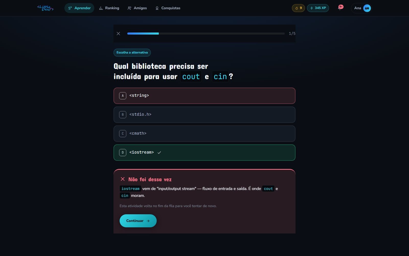 Errar não bloqueia: a explicação aparece no momento em que se quer a resposta