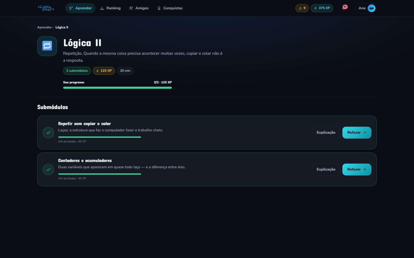 Módulo com seus submódulos e o progresso de cada um