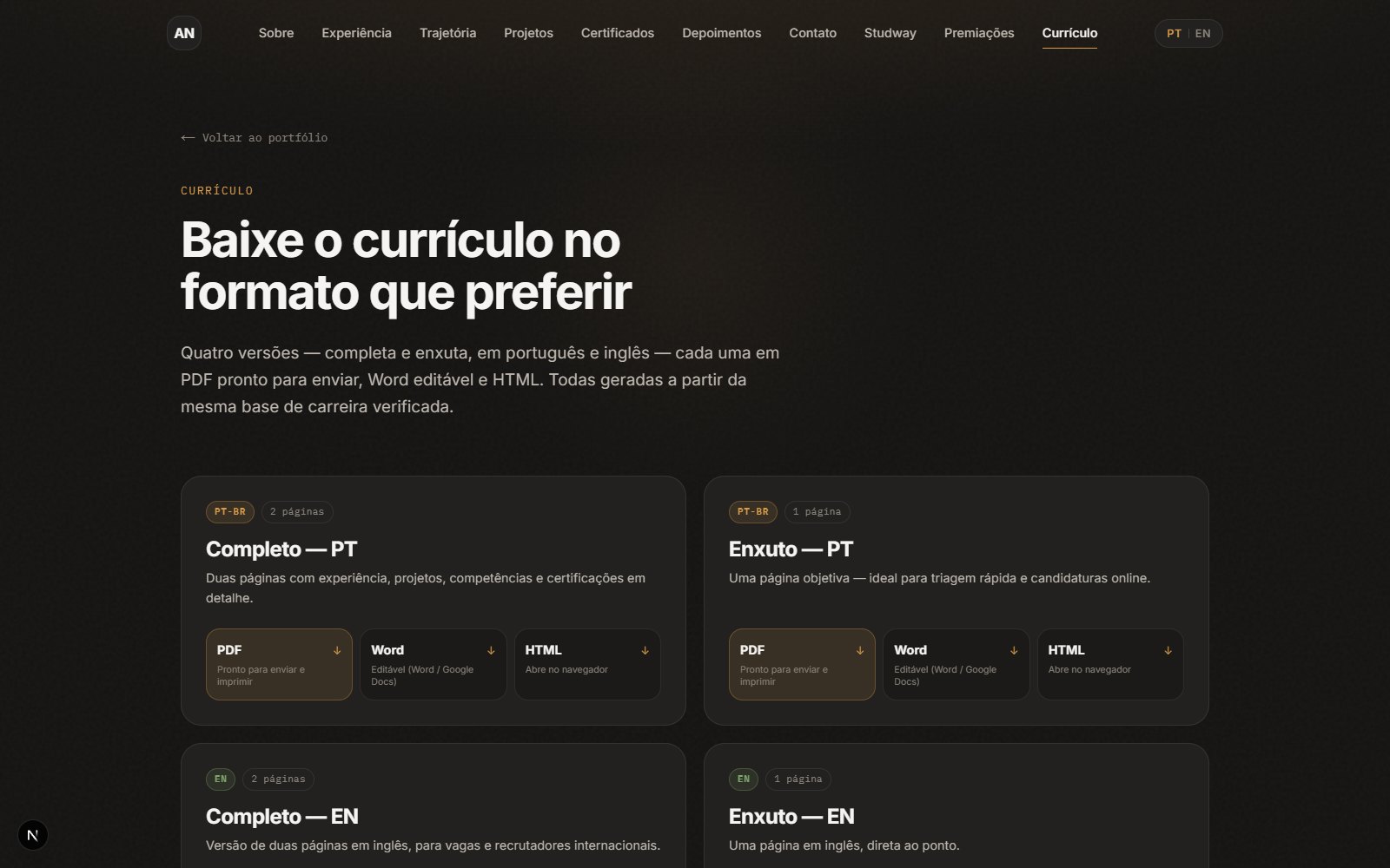 Currículo em página própria